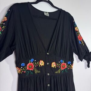 ASOS Black Embroidered Floral Button Front Maxi Dress Boho Cottagecore US 12